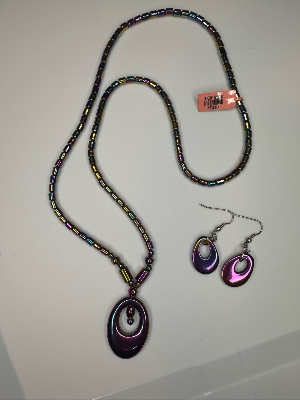 Iridescent Purple Oval Pendant Necklace with Matching Earrings - Women Jewelry